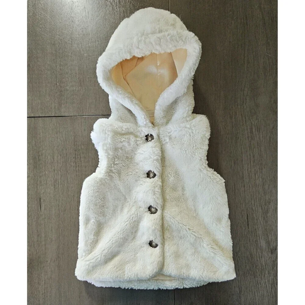 Hanna Andersson White Faux Fur Hooded Vest  Size 6 (120) Button Front Teddy Bear